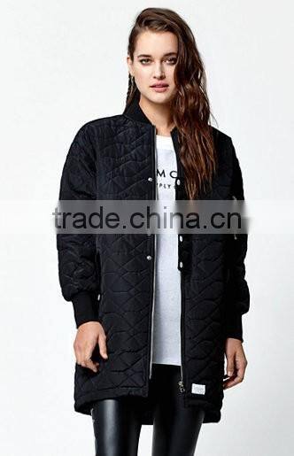Women Solid Black Color Nylon Stone Cut Quilted Longline Bomber Jacket
