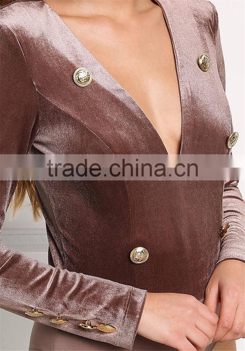 MGOO Fashion Custom Made Long Sleeves Bodysuits Velvet Breasted Tops V Neck Cocoa Polyester Spandex Blouses