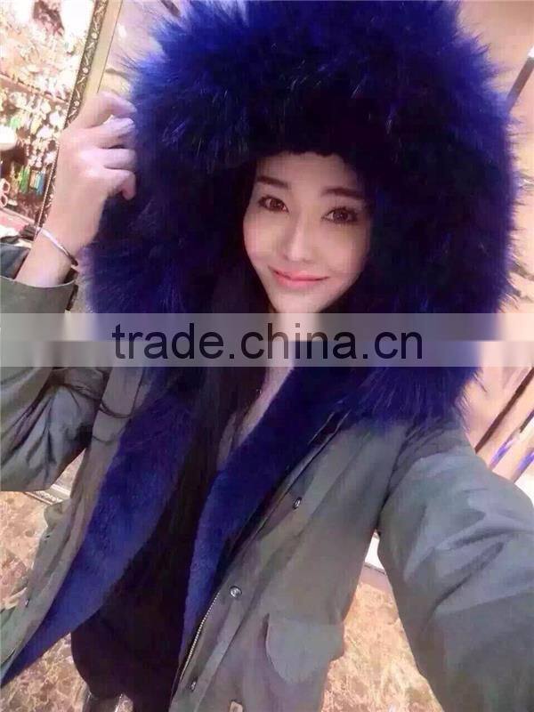 High fashion cold winter outwear 2016 new natural faux fox fur lined parka with natural big size raccoon fur collar trim