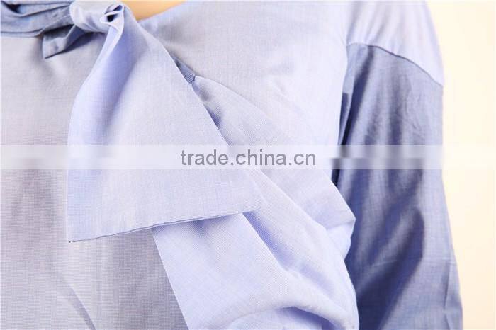 long sleeve blue women blouse patch work designs with bow in front