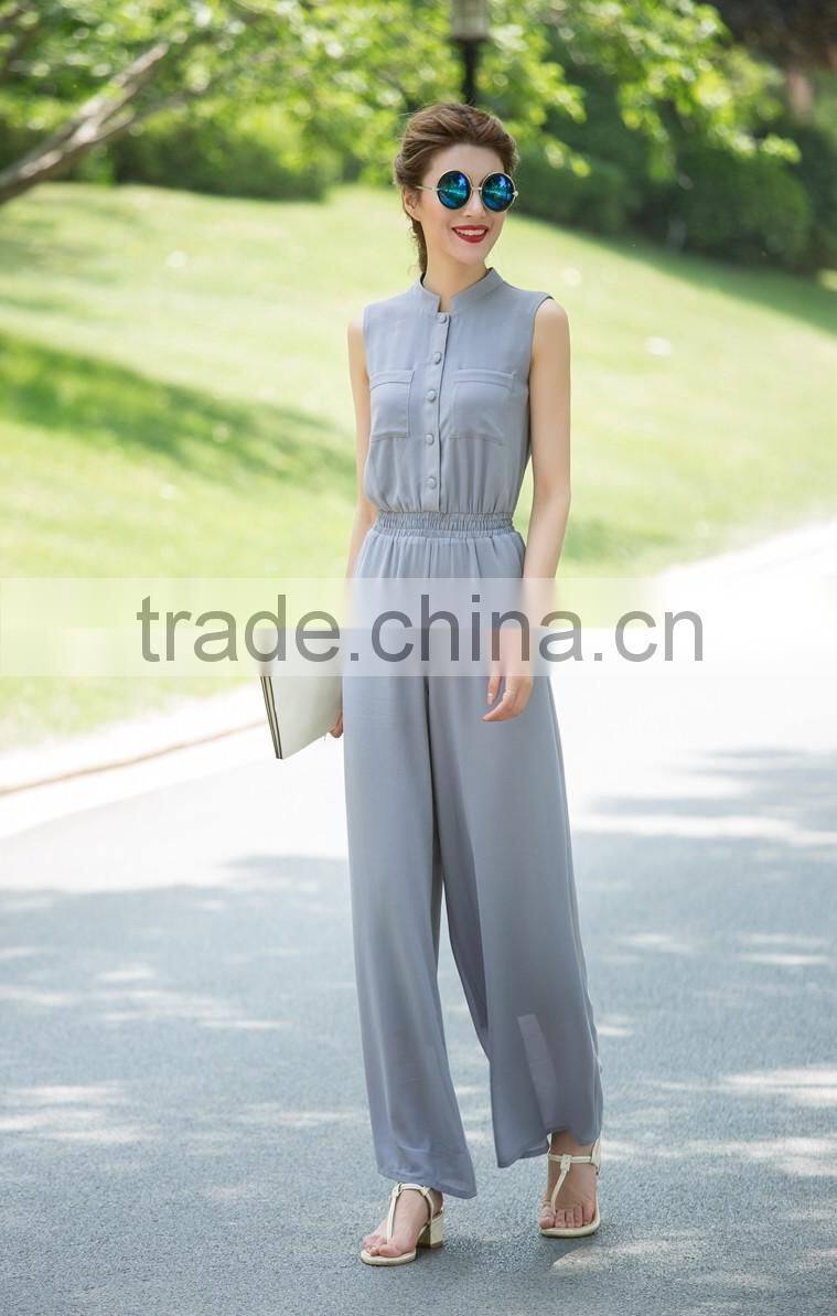 grey chiffon button-up jumpsuit dress pants with elastic band