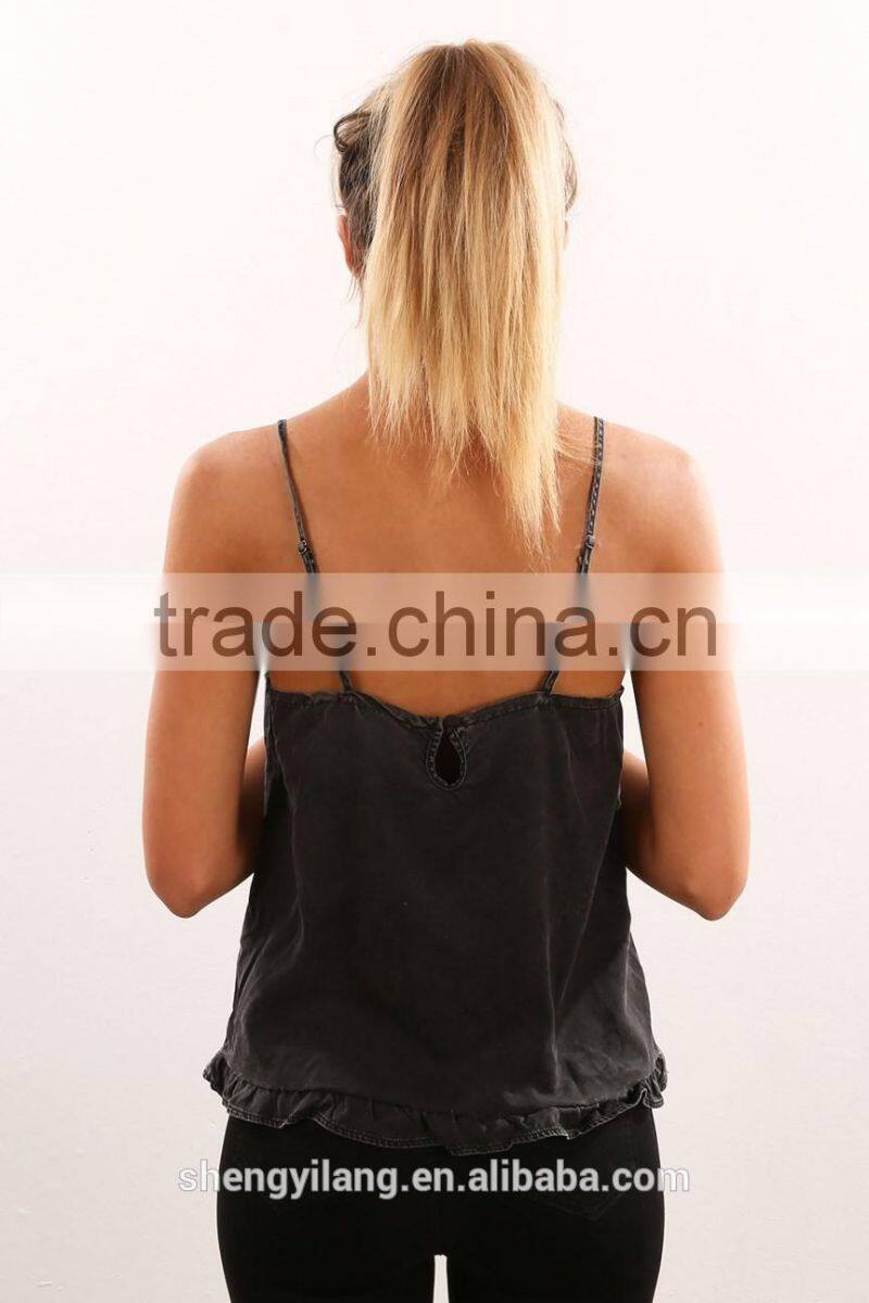 rounded neckline, frill hemline, adjustable thin straps and cute button closure Little top
