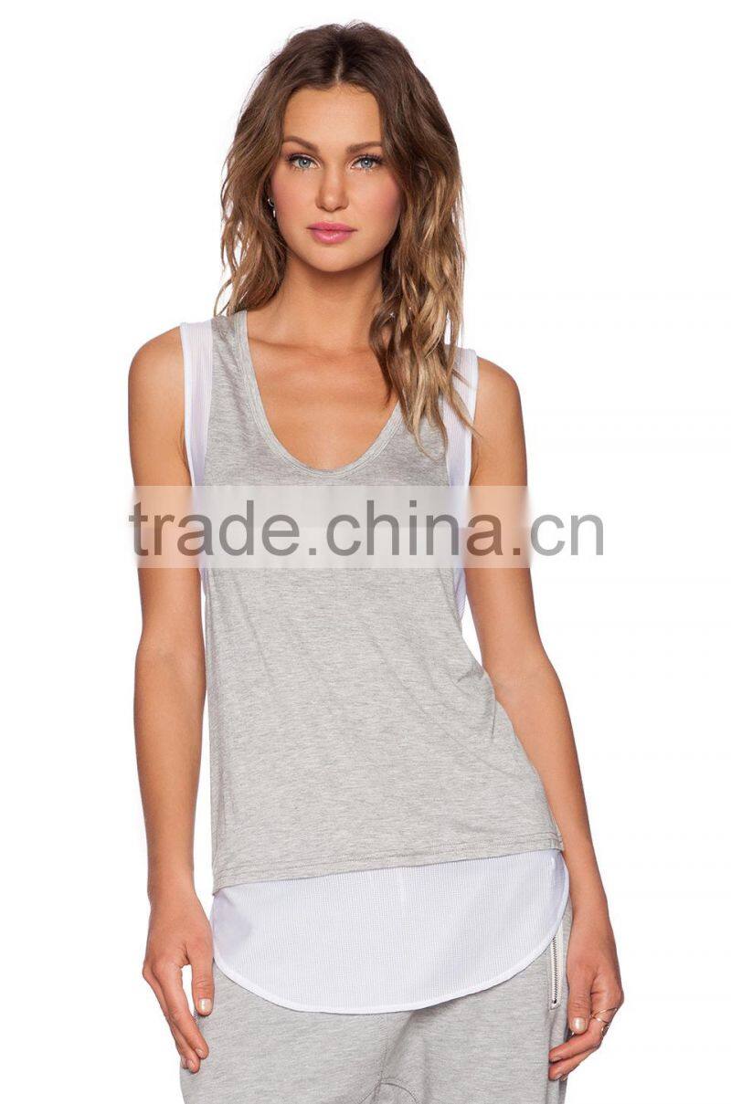 contrast mesh trim throughout shirttail tank tops