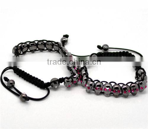 Fuchsia Rhinestone Halloween Skull Beads & Hematite Beads & Black Braiding Adjustable Bracelet 22cm-25cm