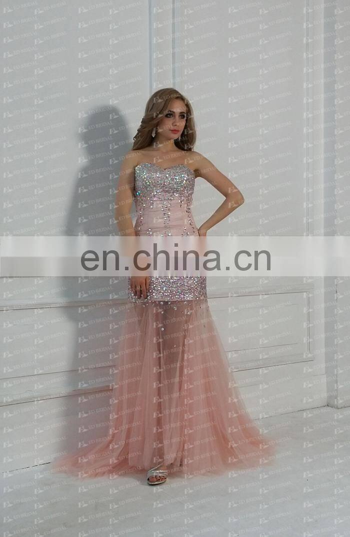 Real Sample Sweetheart Neckline Tulle Pink Sexy Beading Mermaid Prom Dress