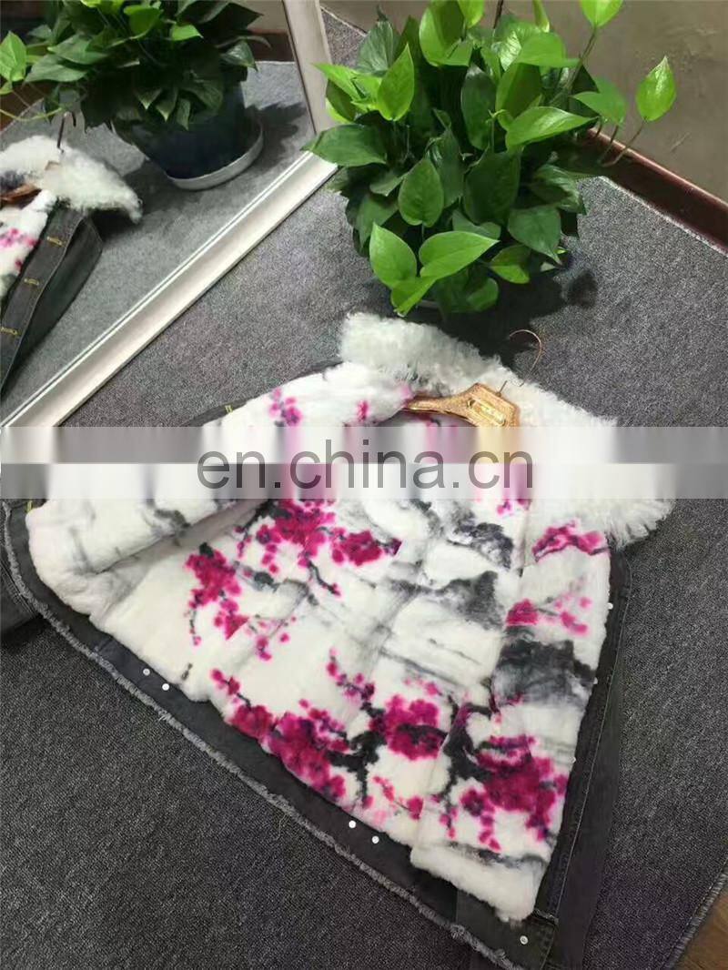 2016 Top Fashion Real Lamb Fur Collar Denim Parka with Hood Women Fur