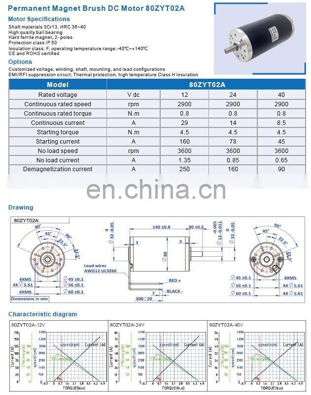Dia.80mm high torque 24v 250W dc motor rated 3000rpm