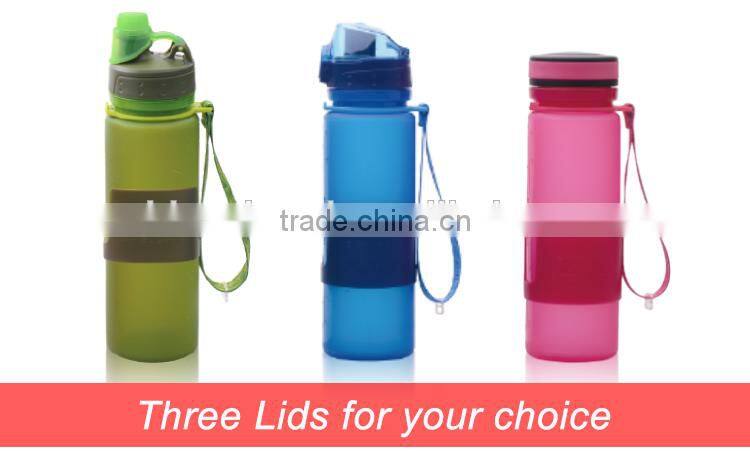 2016NEW Sports Outdoor 500ml/16oz Foldable Silicone Water Bottle, with Screw Lid Platinum material