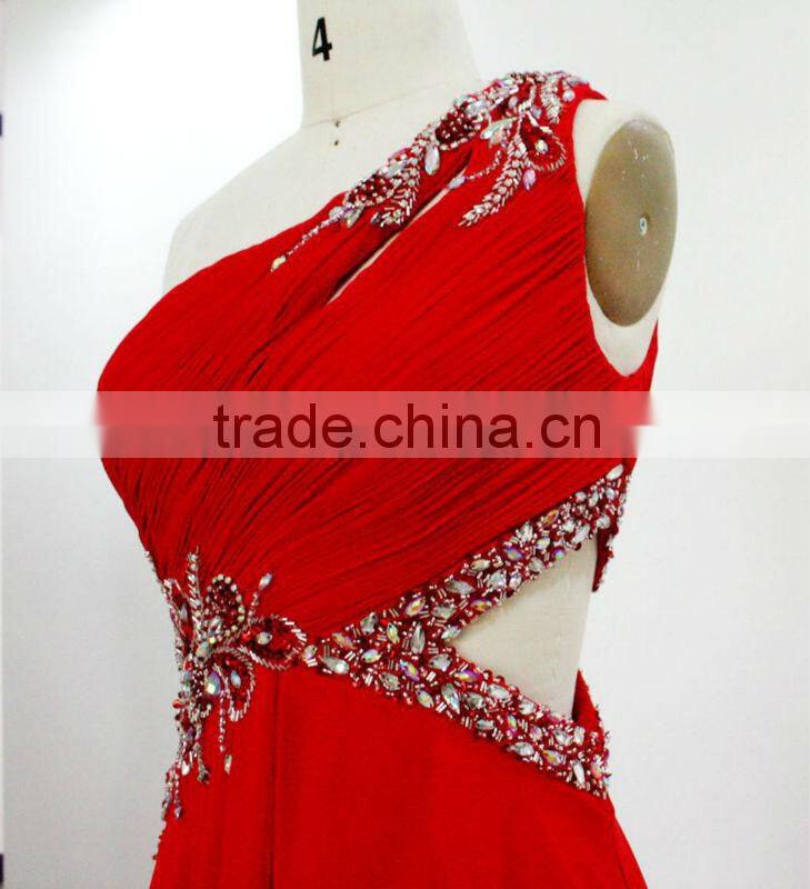 Unique Slit Chest Hollow Out Waist Design Red Chiffon Floral Evening Dress