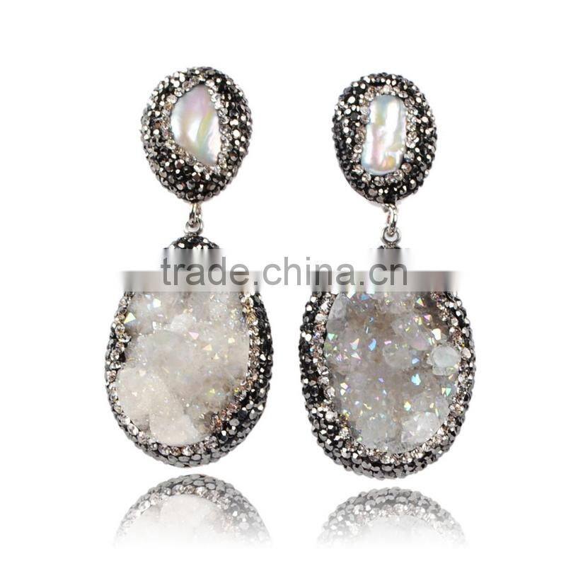 Natural freshwater pearl earrings with 18k gold plated, hanging stick druzy geode earrings with black diamonds paved on edge