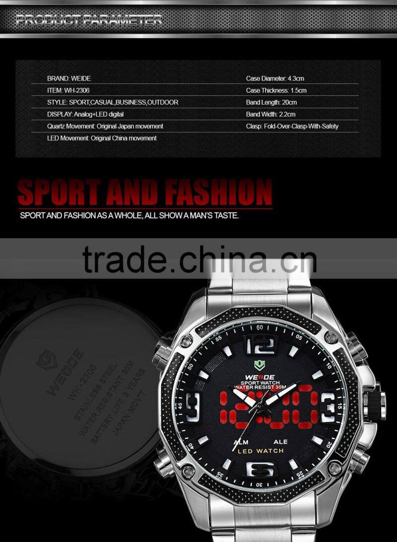 2014 WEIDE Men Watch JAPAN Miyota Quartz Watch ,touch screen hand watch ,red dial watches Luxury Brand Casual Watches WH2306-1