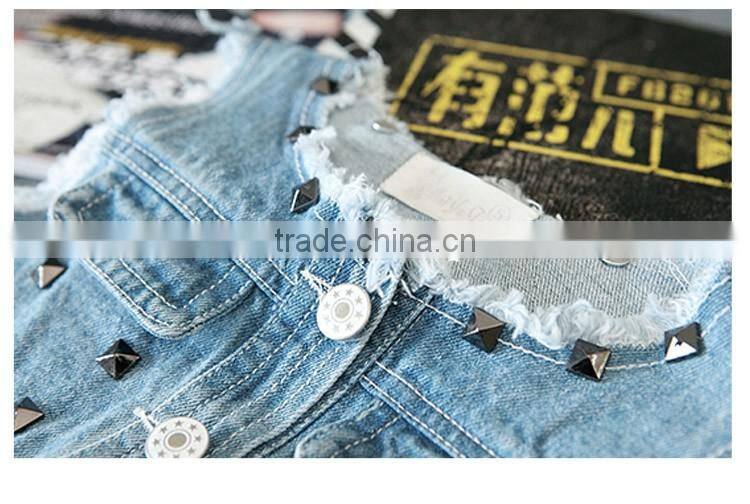 Wholesale Stylish Stud Pure Color Joker Sleeveless Girl Jeans Coat, Denim Children Cardigan