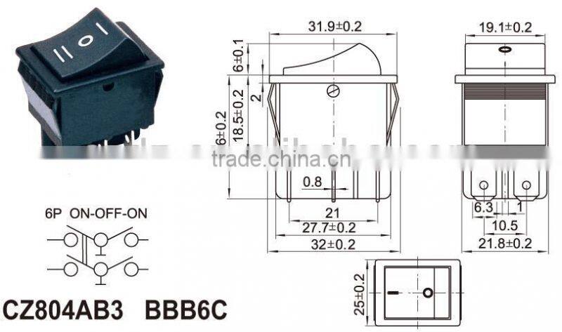 electrical double pole rocker switch,6A 250V/10A 125V red 6pin on-off rocker switch