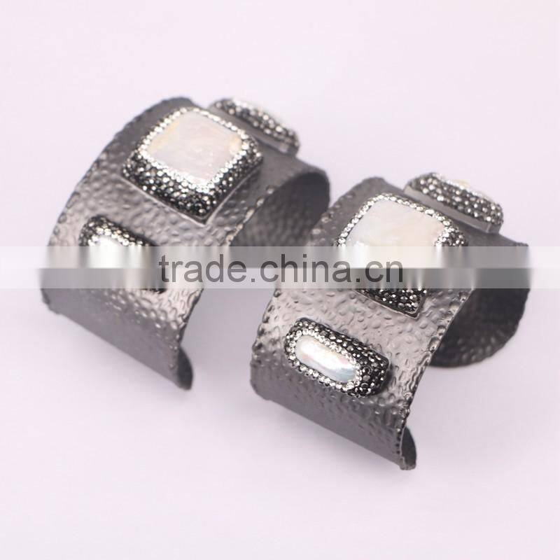 Metal Brass Plated Metalblack Bangles, White Freshwater Pearl Bangles, with Pave Crystal Gem Bangles Jewelry