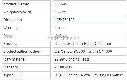 CB7-2A battery type for ST,MF,Sealed,Electric,Lithium,Car,Gel