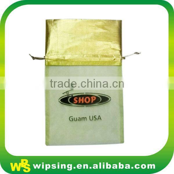 White Organza Pouch with Printed Ribbon Drawstring