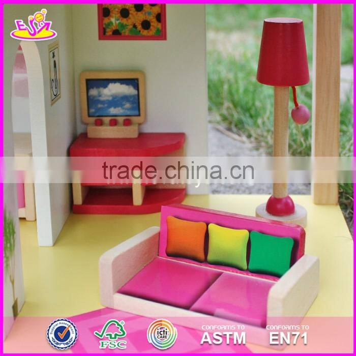 2017 New products lovely girls pink wooden dolls house for sale W06A165