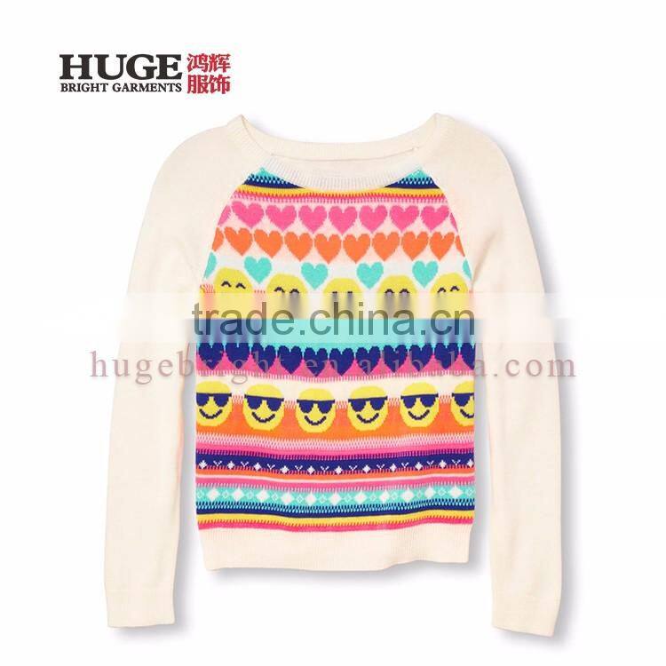 Emoji And Heart Fair Isle Print On Front Panel Sweater For Girls
