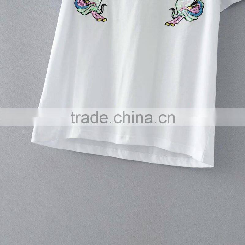 Women wholesale unicorn embroidery beaded white t-shirt