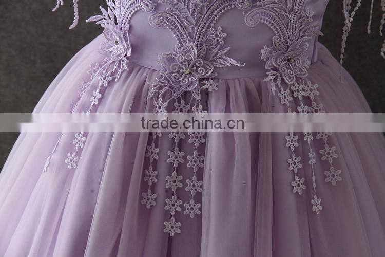 OEM baby girls Lovely Purple Embroidery flower Tassel Party dresses net frock design Tulle Fluffy baby first communion dress