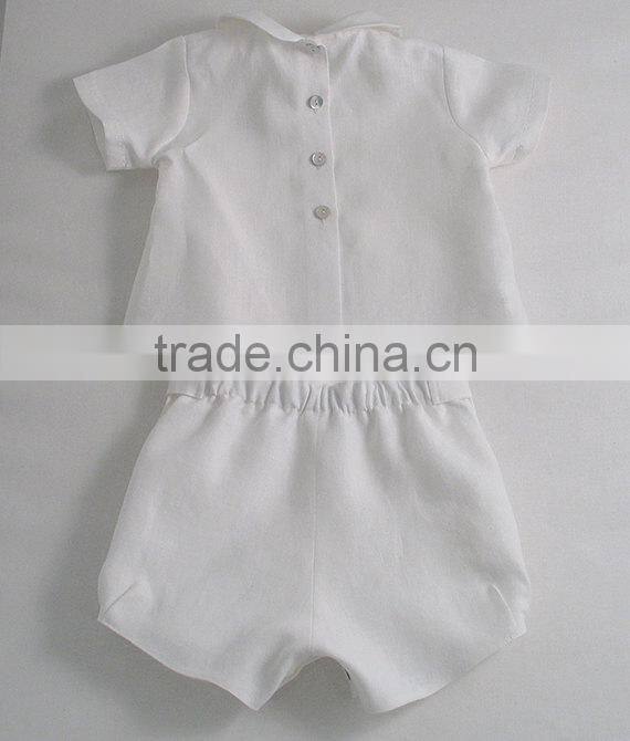 Old European Frocks Designs Baby Clothes Plain White Linen/Cotton Blend Baby Boys Boutique Clothing Set
