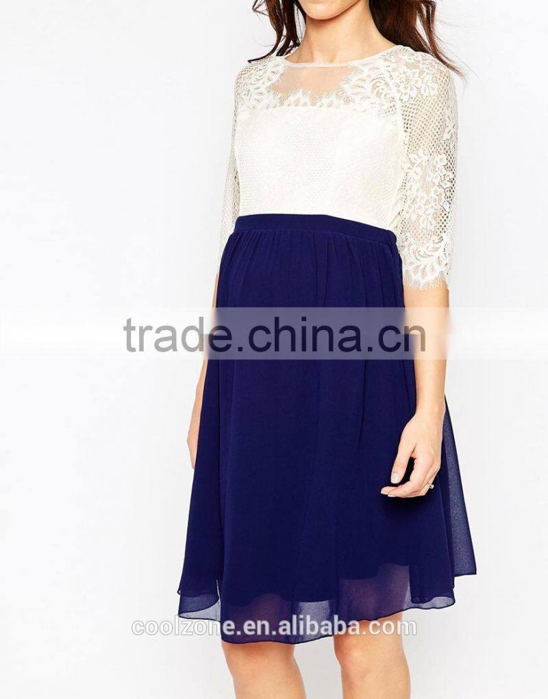 100% Polyester crew neck lined lace bodice maternity dress for women