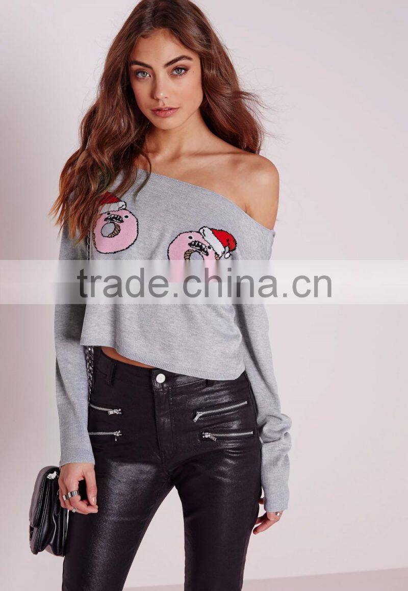 Women standout donut print pullover long sleeves cropped jumper grey