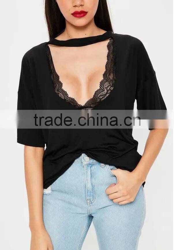 New summer fashion women Black Cut Out Choker Neck, Scoop Neck Letter T-shirt
