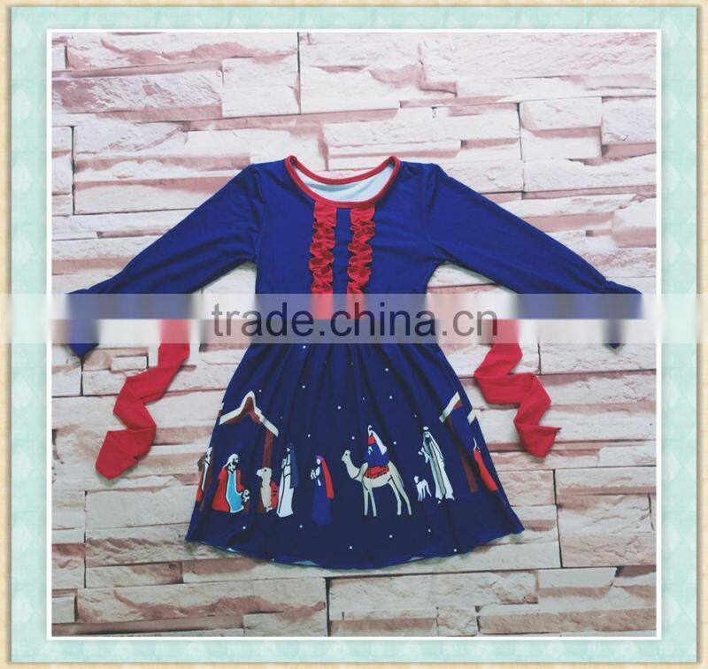 Children latest fashion dress designs white flutter sleeve print deer christmas dress toddler girl dress