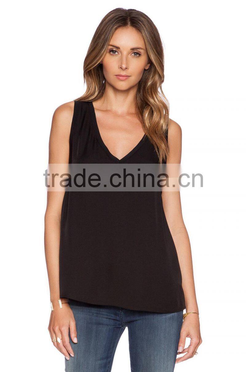 contrast elasticized trim cut-out sides silk tank tops