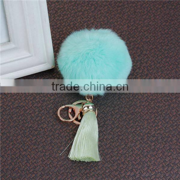 Fashion Gold Plated Mint Green Angora Pom Pom Ball Grass Green Rayon Tassel Keychain