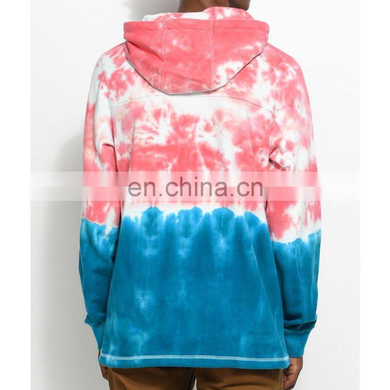 2017 Latest Fashion Cusom 100% Cotton Tie Dye Light Red&Blue Pull Over Hoodie For Men