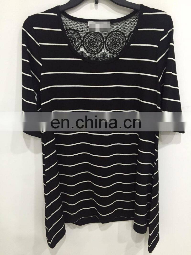 Bud silk joining together lady's T-shirt sleeve in black and white stripes