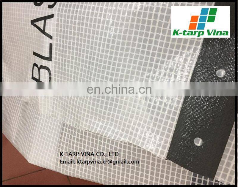 3.2x50m, Leno Transparent scaffolding with logo, Roll type, pre-punching holes, webbing reinforced band