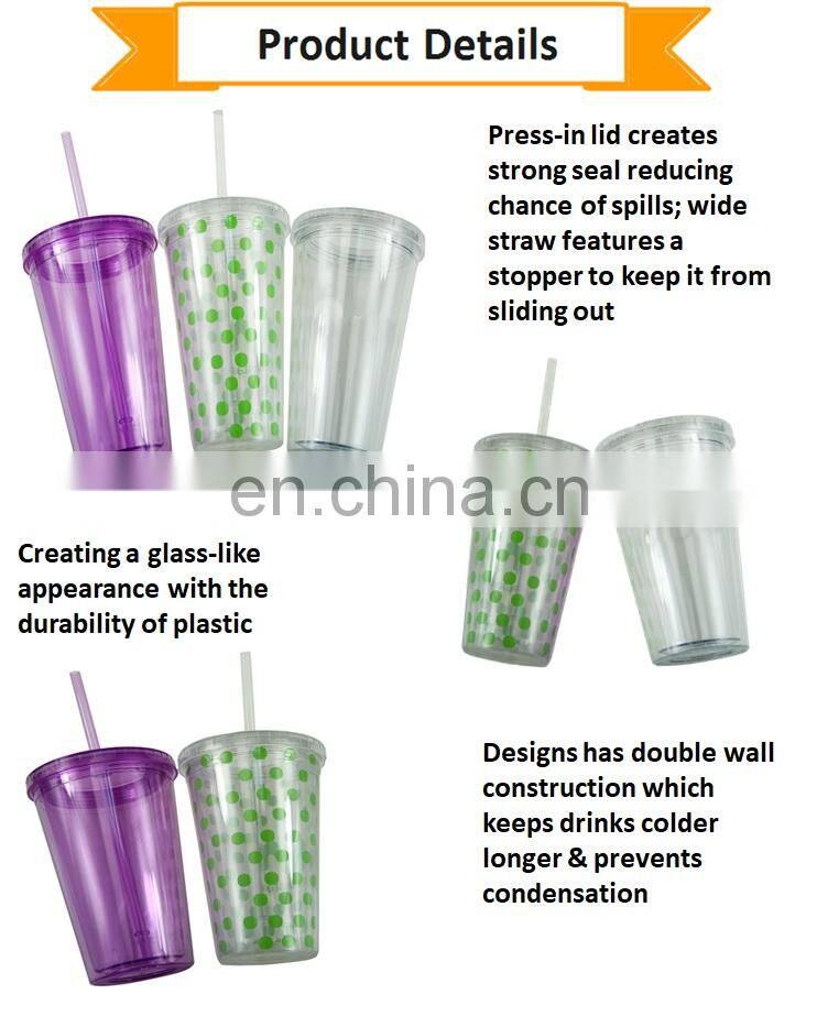 High Quality Acrylic Double Wall Plastic Boba Bubble Tea Cups PP Smoothie Juice Cups with Lids