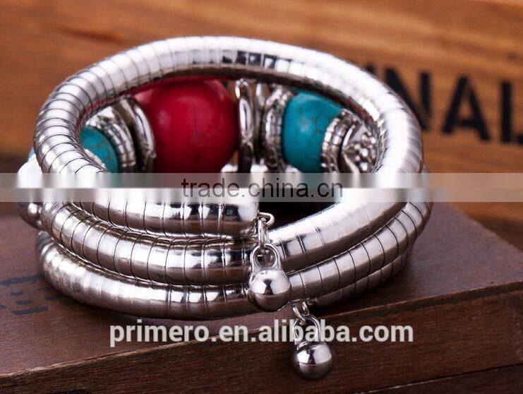 Hot Jewelry Tibetan Silver Bracelet Turquoise Inlay Roundness Bead Adjust Bangle