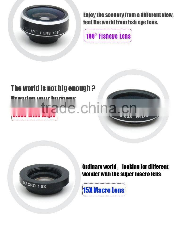 blade clip 198 degree fisheye lens 0.63x wide-angle 15x macro shot camera lens for iPhone 6s 5s 6 plus samsung s6 huawei p8 htc