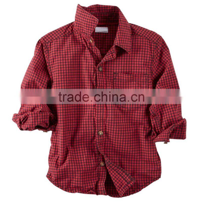 New Coming Yarn-Dyed Red Plaid Button Down Boys Fashion Single Chest Pokcet Shirt