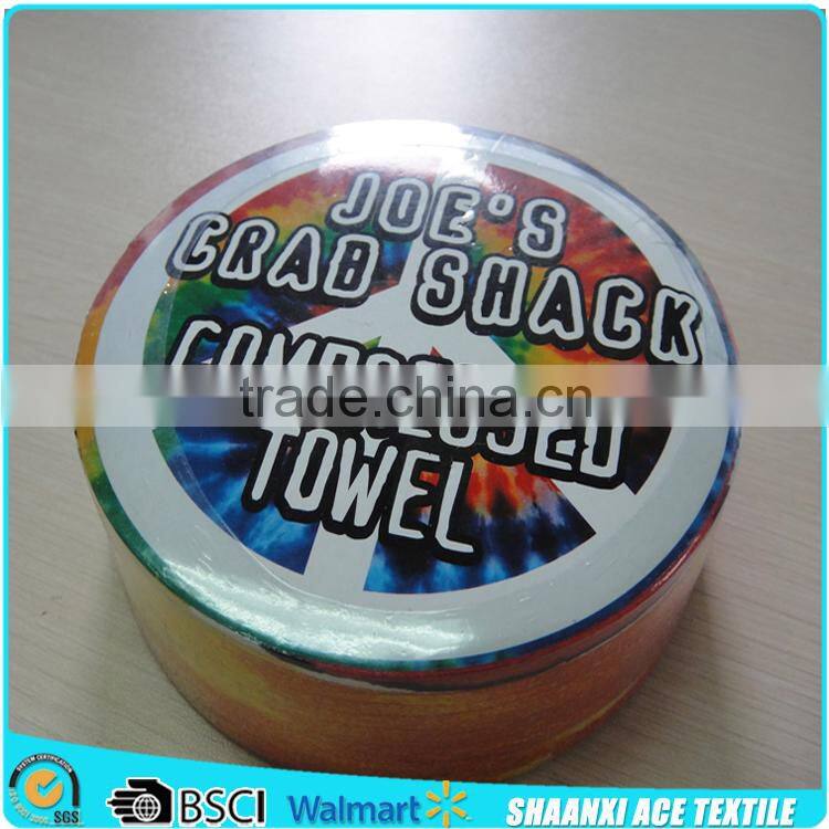 Full color printed compressed beach towel with print card,high quality round maigc beach towel