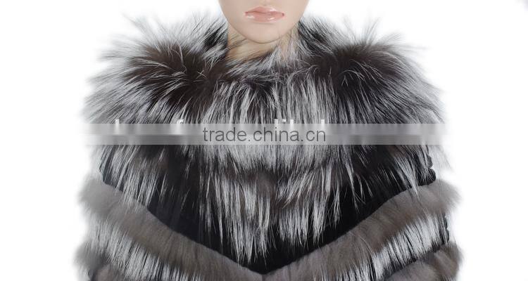 Women beautiful fur poncho silver fox fur poncho rex rabbit fur poncho sale KZ150082