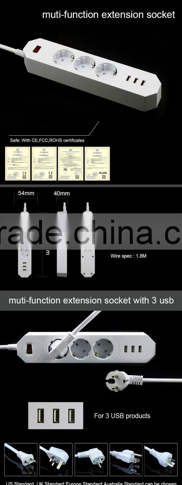 3 Outlet/Home Office Surge Protector 5 ft Cord with 3 Port Desktop USB Charging Station