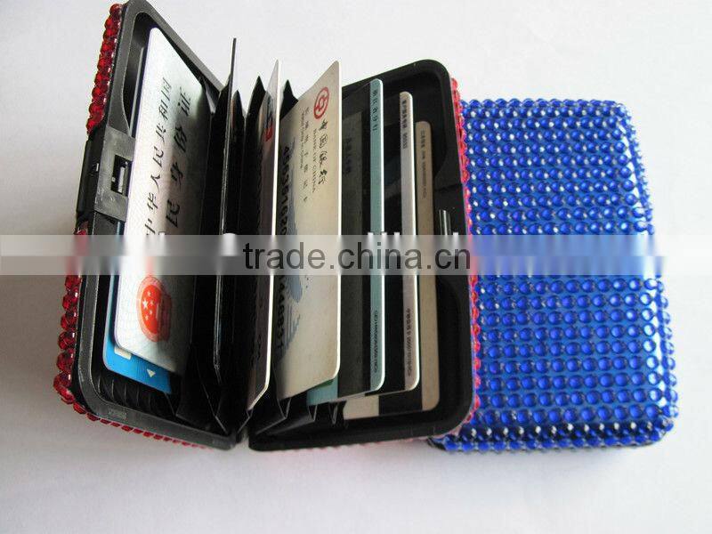 waterproof blue plastic credit card holder full with rhinestone