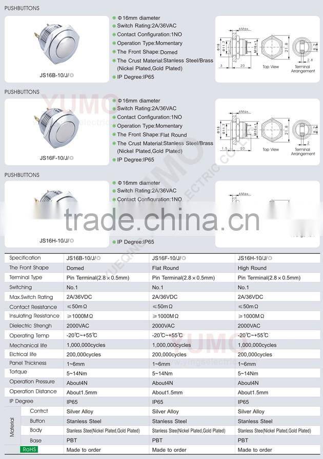 Hot sale JS16F ROHS 16mm flat round IP65 momentary pin terminal 2A/36VDC push button switch 12 volt push button switch