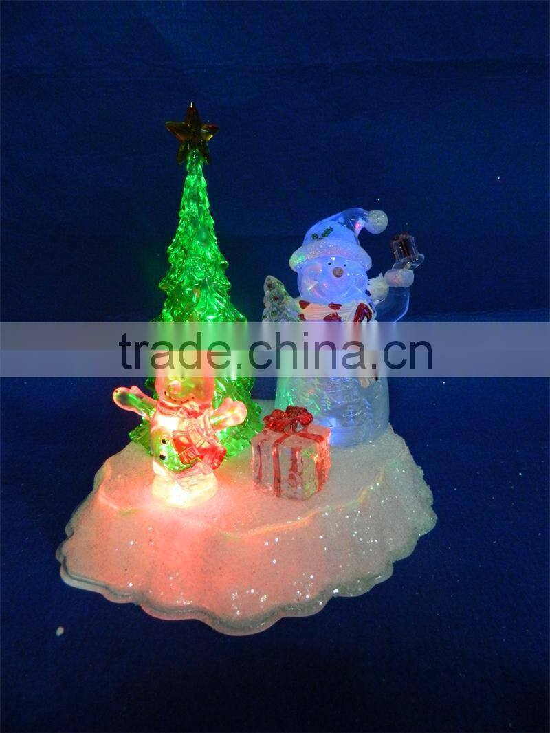 acrylic LED artificial christmas snowman with green tree decoration