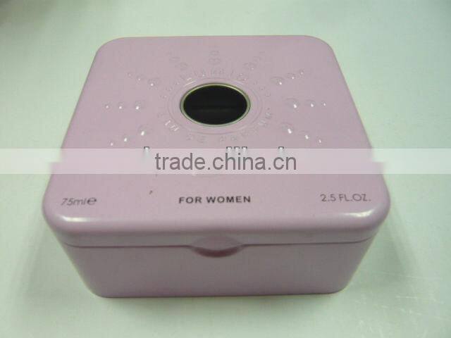 Square Perfume Can with Clear Window and Opening Nob