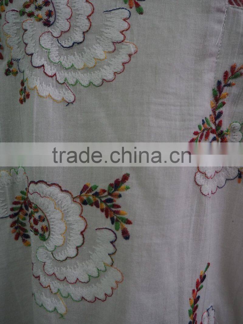 Floral Hand Embroidery Designs Round Collar Short Sleeve with Front Pocket Blouse Tunic Dress