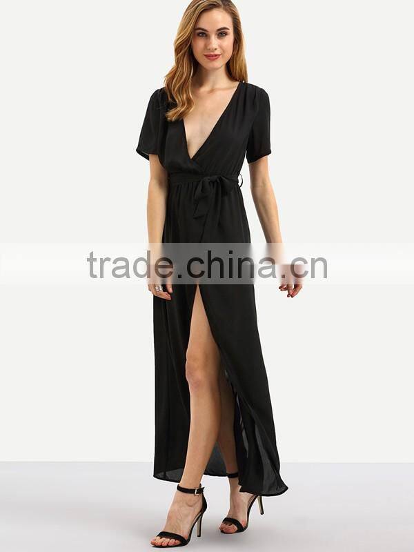 Woman Short Sleeve Black V neck Tie Waist Chiffon Maxi Wrap Type Maxi Dress