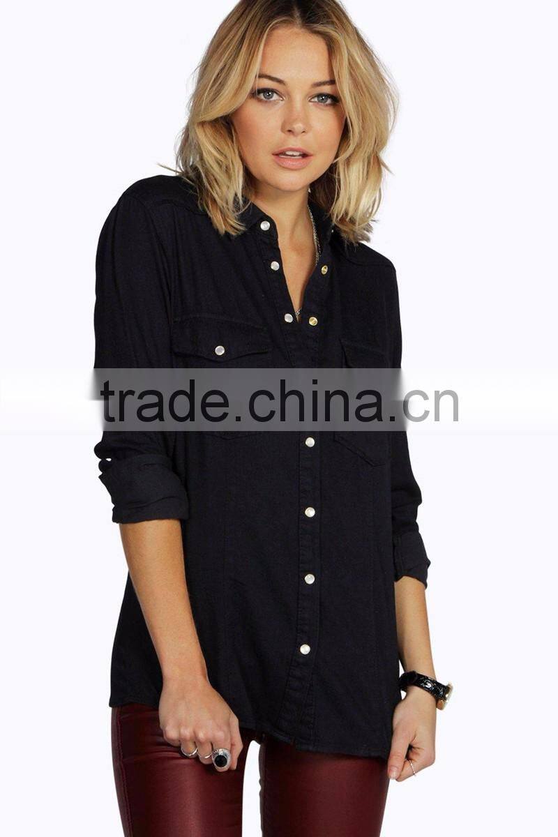 wholesale plain blank custom women black roll sleeve shirts slim fit denim jean shirts