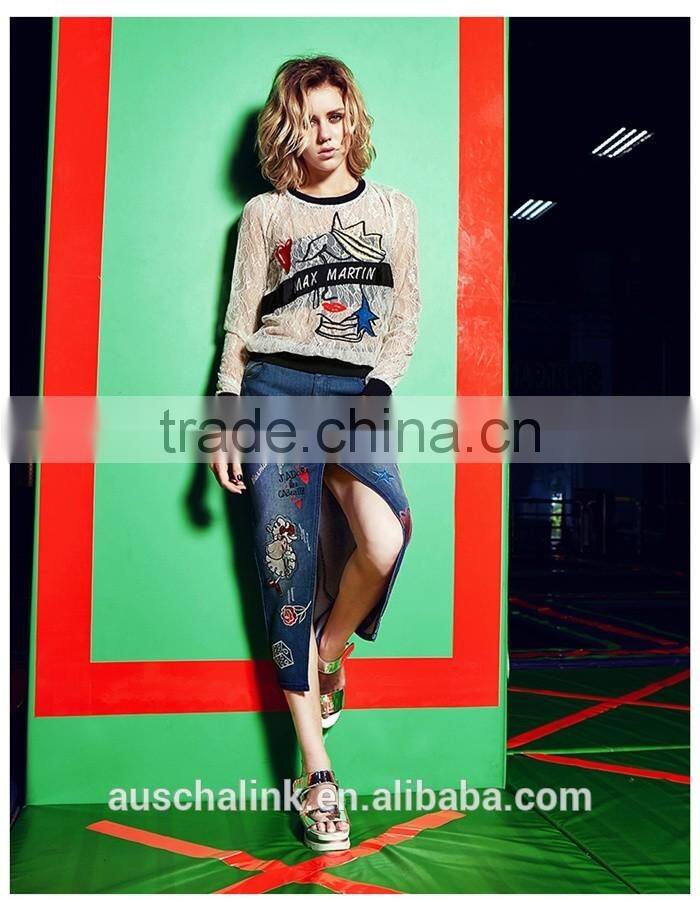 european style ladies front split embroidered long denim skirts