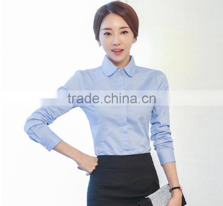 Custom Long Sleeve Office Formal White And Blue Cotton and Polyester Mix Blouse